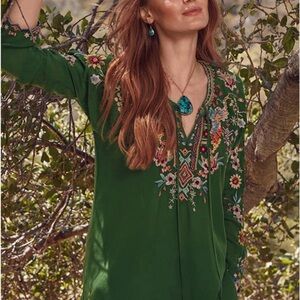 Johnny Was Cactus Sunflower Forest Green Embroidered Blouse